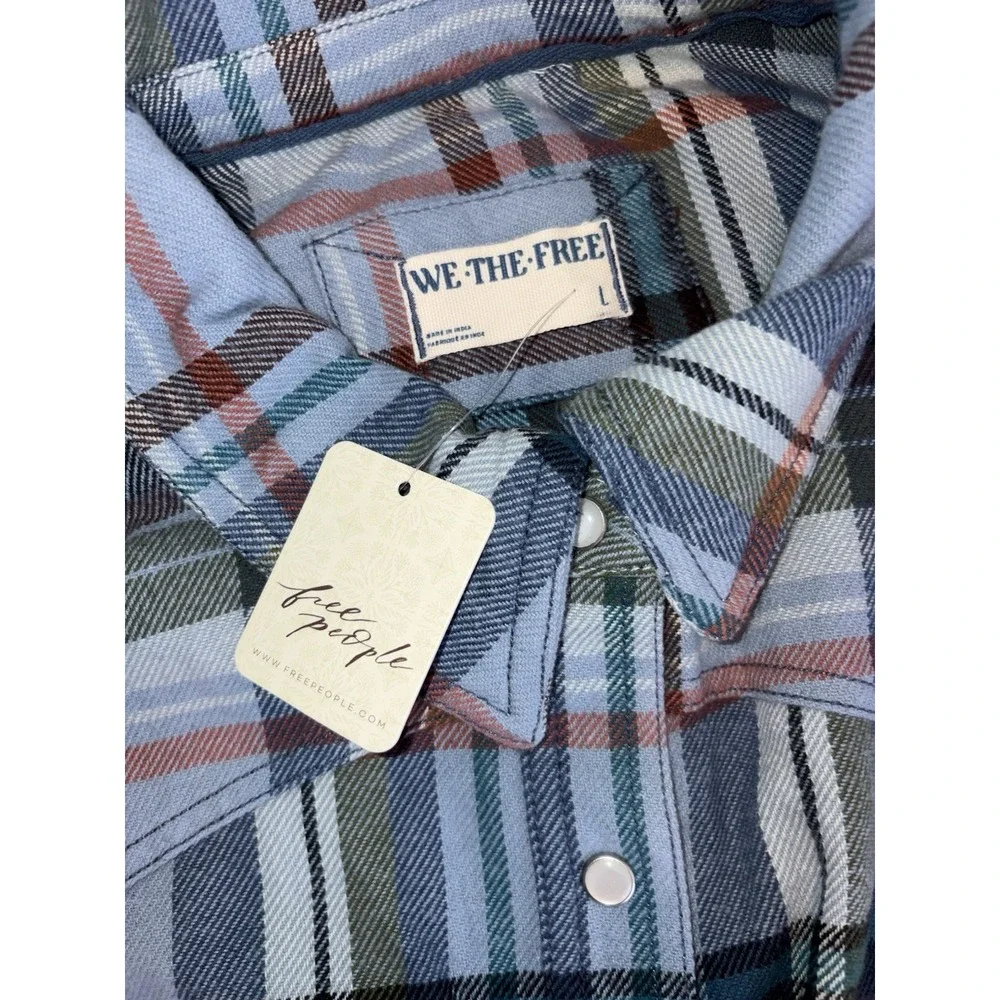New Free People We The Free Hideaway Plaid Shirt Pearl Snap Blue Large Boho